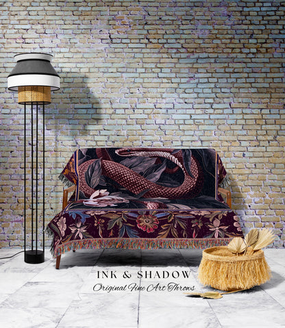 Whimsigothic Dark Floral Serpent Tapestry Blanket Enchanted Forest Whimsical Purple Botanical Throw | Witchy Cottagecore Vintage Snake Art
