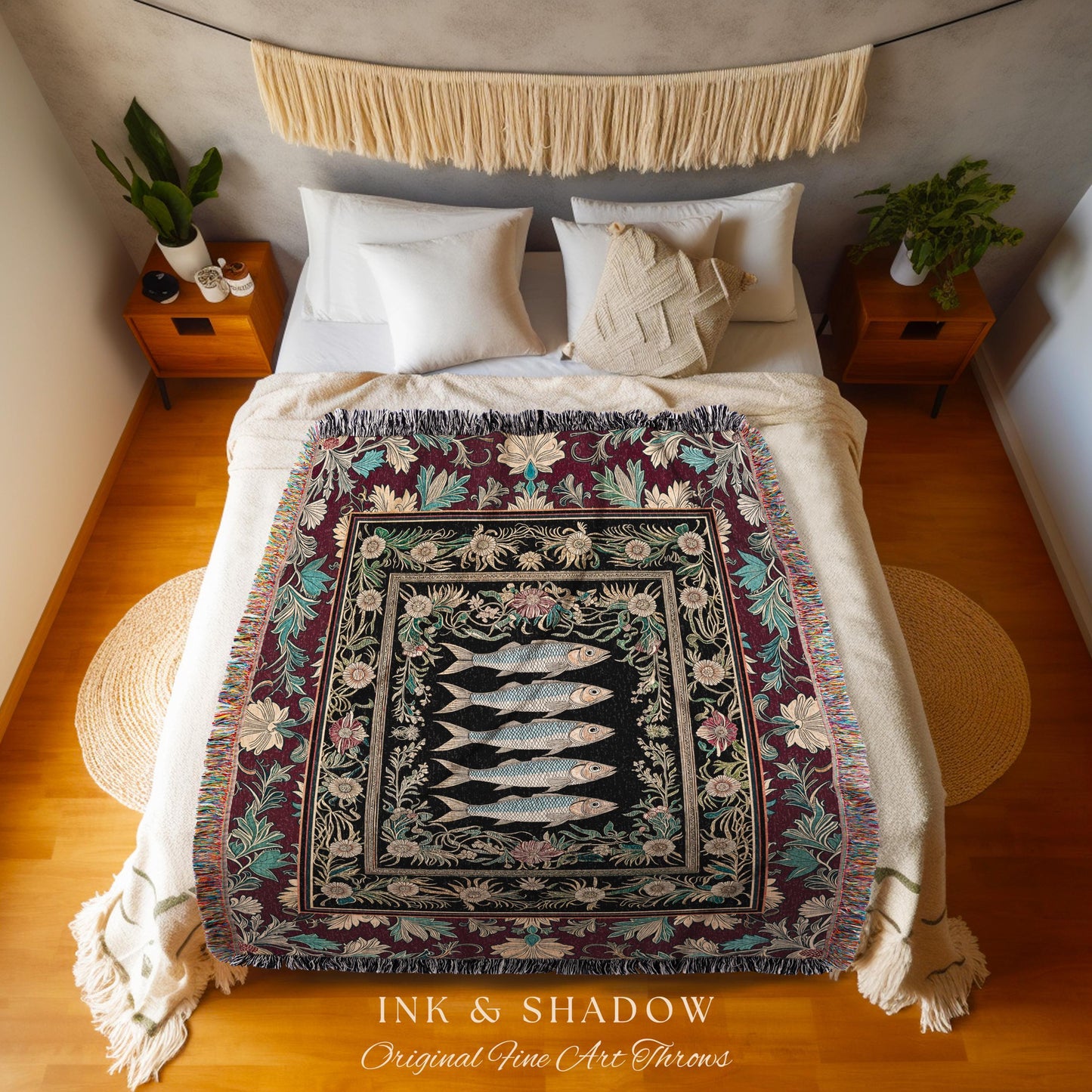 Eclectic Sardine Art Tapestry Blanket | Jacquard Woven Throw Whimsical Coastal Design Maximalist Marine Art Ocean-Inspired Beach House Decor