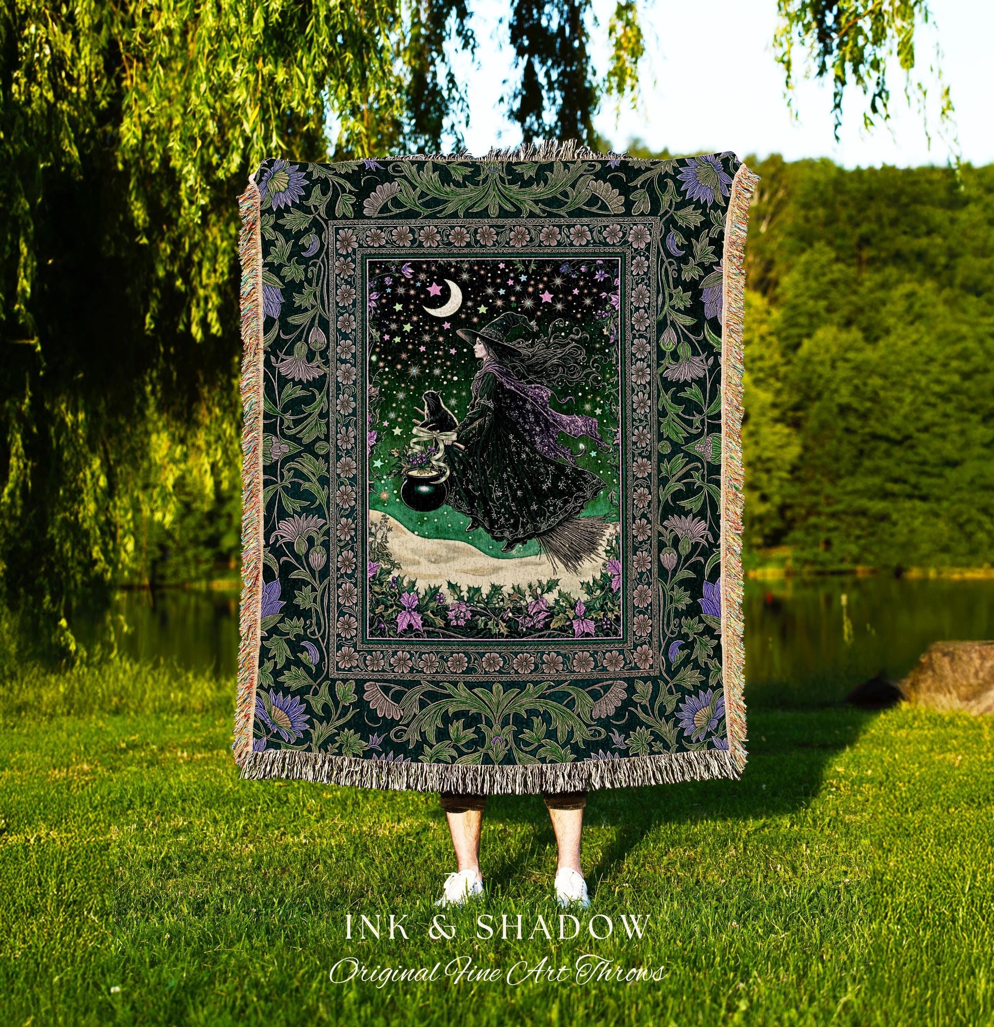 Botanical Witch Flying Broomstick Throw | Whimsigoth Tapestry Blanket Gothic Cat Mystic Midnight Magic Aesthetic Green Sky Moonlight Decor