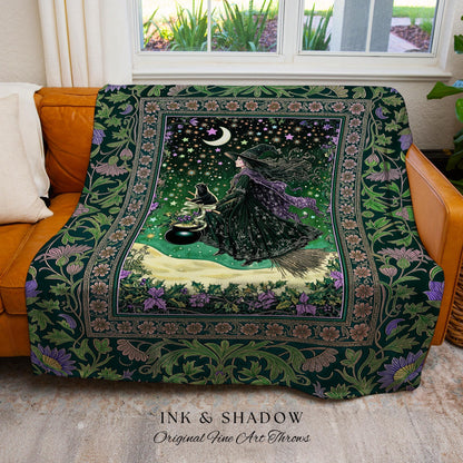 Botanical Witch Flying Broomstick Throw | Whimsigoth Tapestry Blanket Gothic Cat Mystic Midnight Magic Aesthetic Green Sky Moonlight Decor