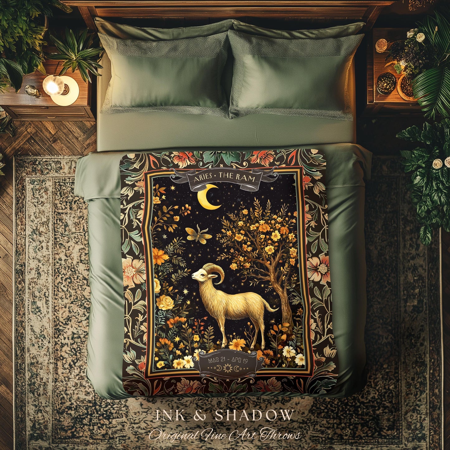 Rustic Aries Astrology Blanket The Ram Zodiac Tapestry Throw | Vintage Folklore Star Sign Decor Celestial Aries Birthday Gift for Fire Signs