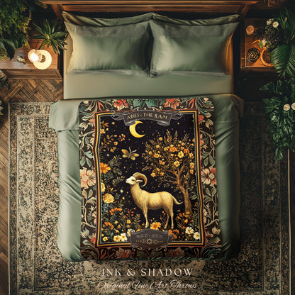 Rustic Aries Astrology Blanket The Ram Zodiac Tapestry Throw | Vintage Folklore Star Sign Decor Celestial Aries Birthday Gift for Fire Signs