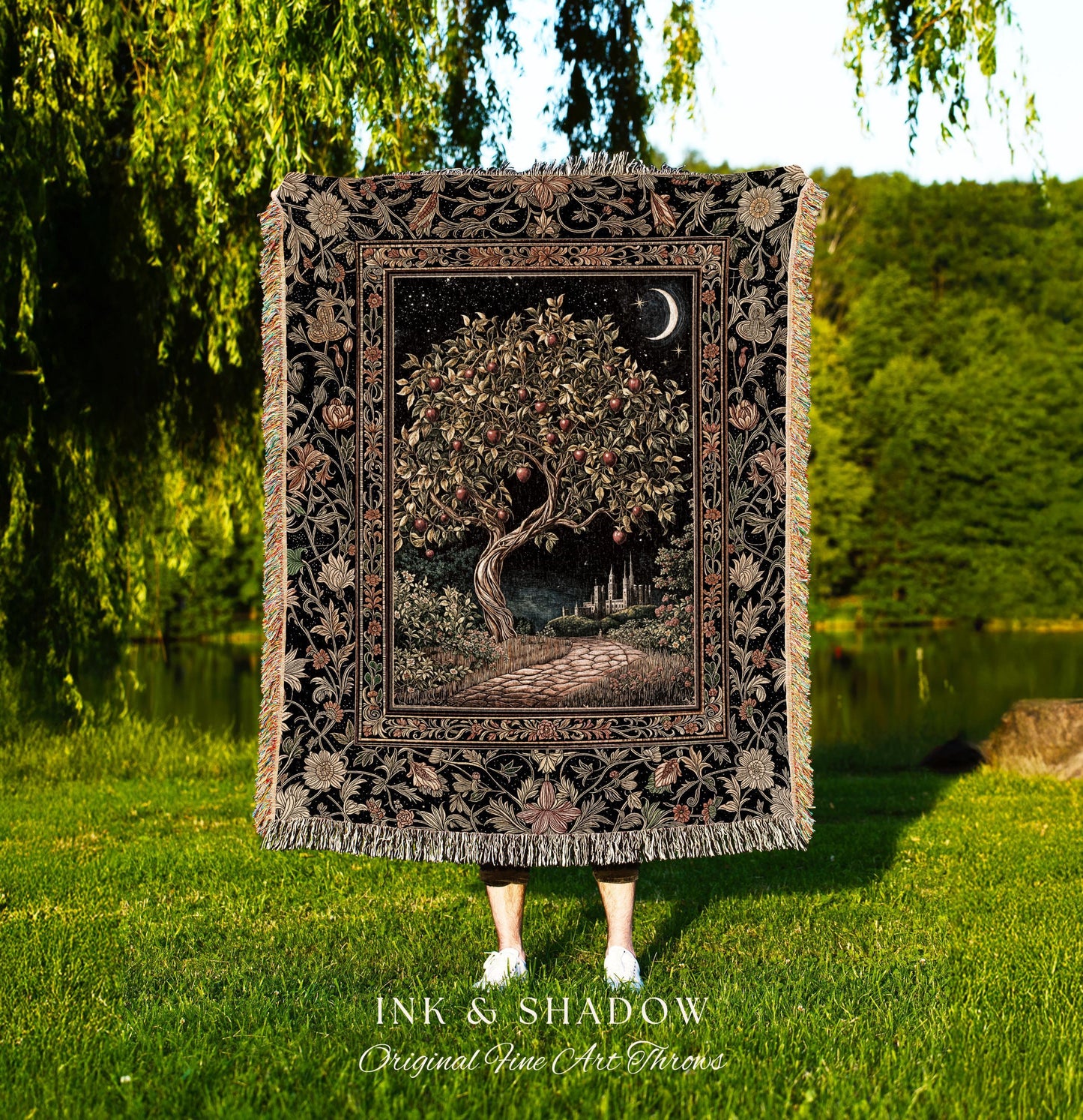 Starlit Storybook Tree Blanket | Dreamy Woven Bedroom Decor Folklore Castle Garden Magic Moody Celestial Home Folklore Tapestry Bohemian |