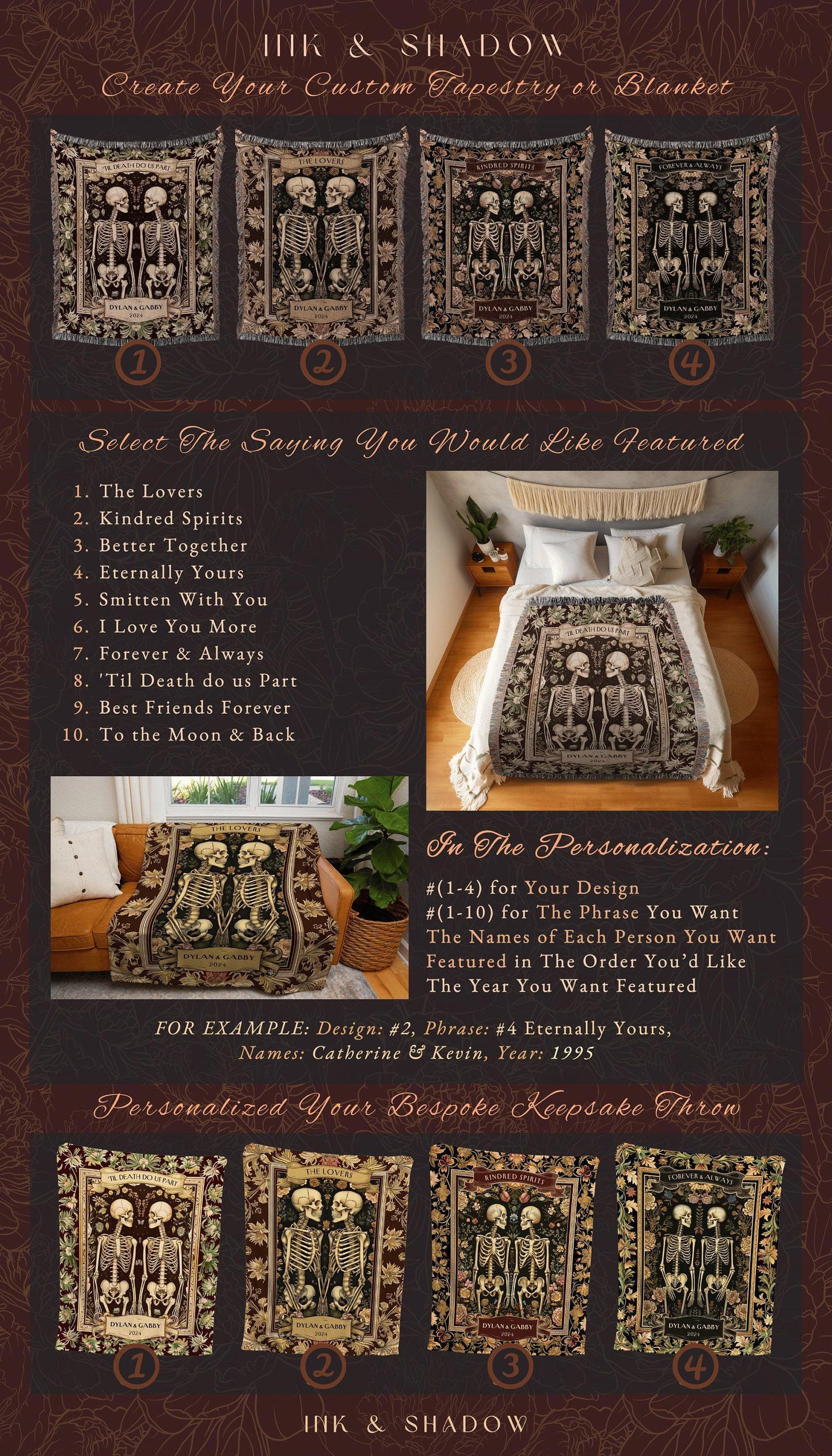 Forever & Always Skeleton Throw Blanket | Botanical Skeleton Couple Woven Tapestry Wedding Anniversary Gift Personalized Blanket Custom Name