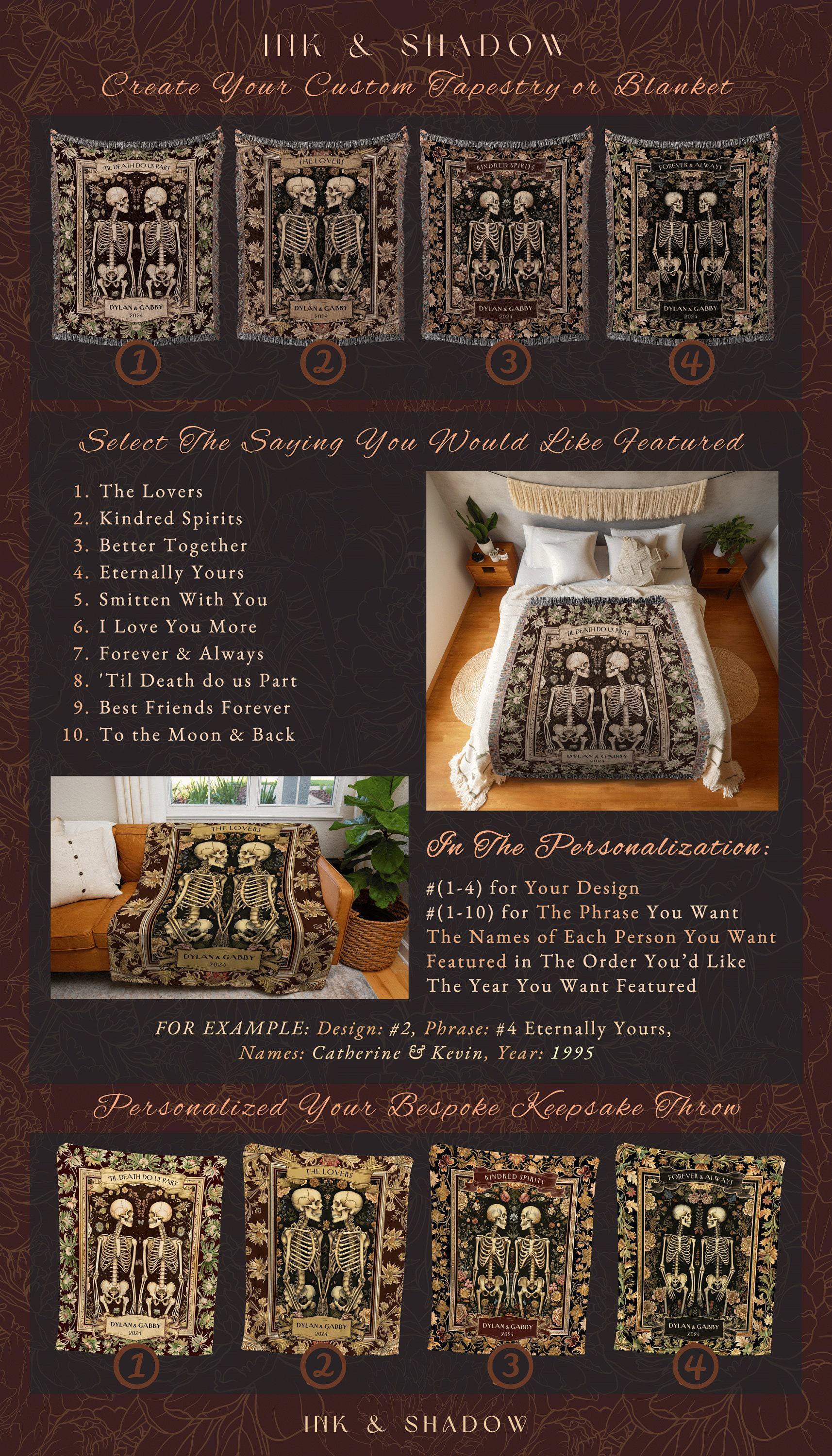 Forever & Always Skeleton Throw Blanket | Botanical Skeleton Couple Woven Tapestry Wedding Anniversary Gift Personalized Blanket Custom Name