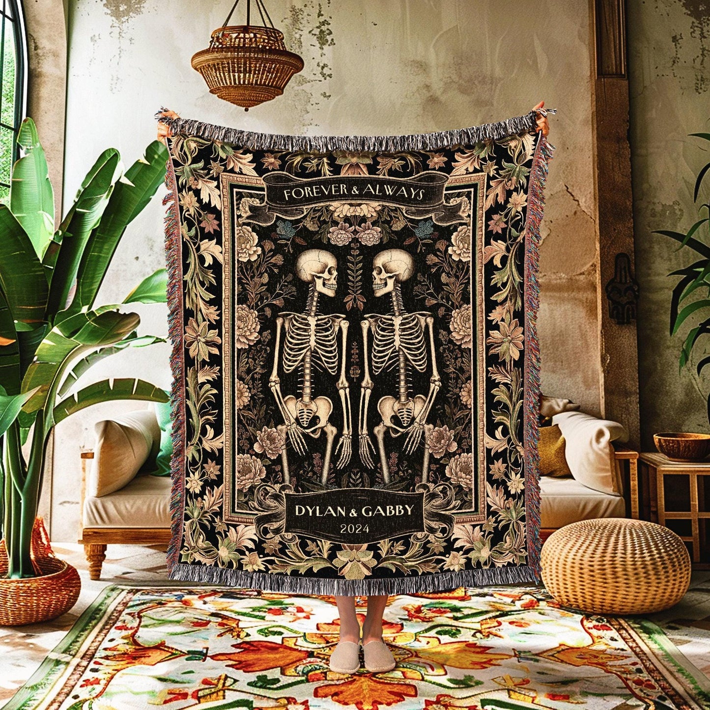 Forever & Always Skeleton Throw Blanket | Botanical Skeleton Couple Woven Tapestry Wedding Anniversary Gift Personalized Blanket Custom Name