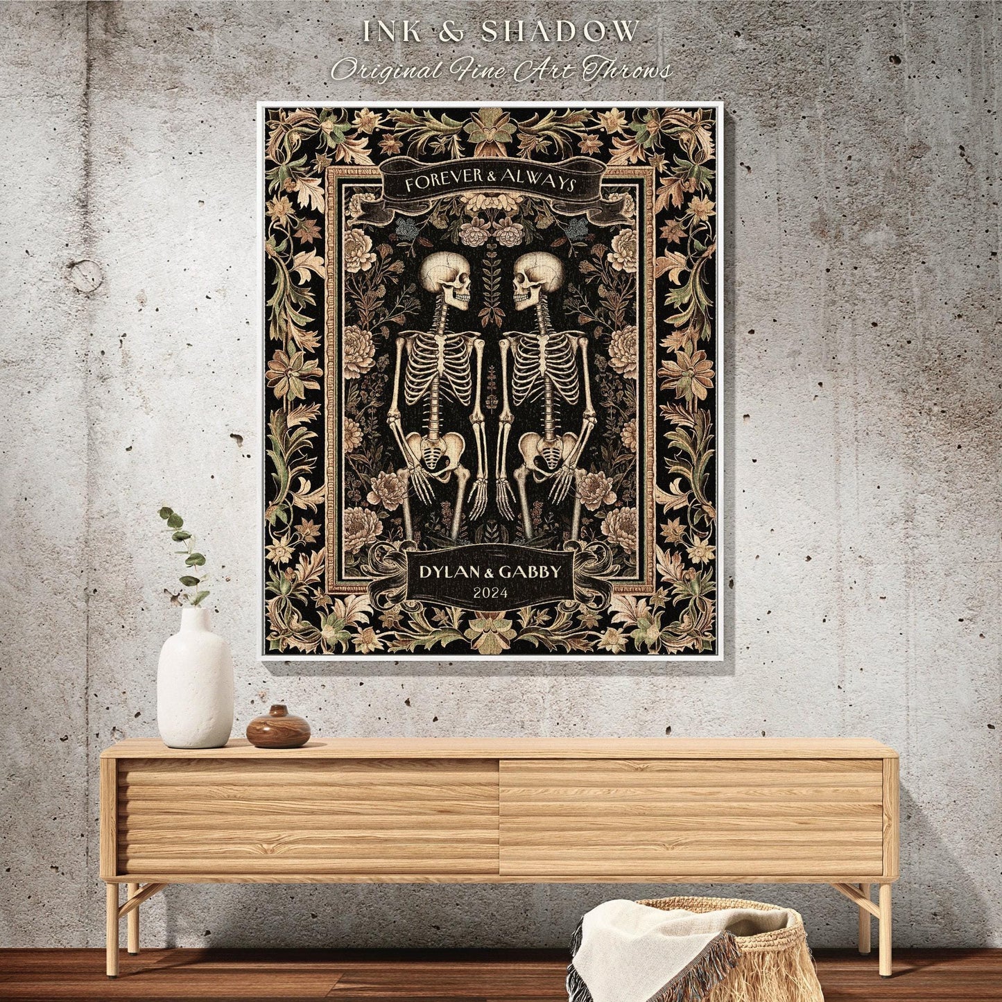 Forever & Always Skeleton Throw Blanket | Botanical Skeleton Couple Woven Tapestry Wedding Anniversary Gift Personalized Blanket Custom Name