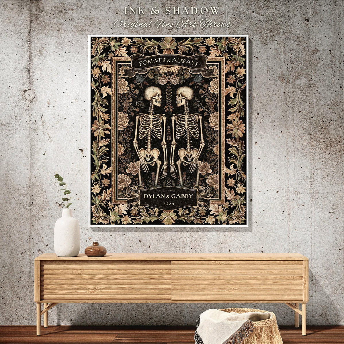 Forever & Always Skeleton Throw Blanket | Botanical Skeleton Couple Woven Tapestry Wedding Anniversary Gift Personalized Blanket Custom Name