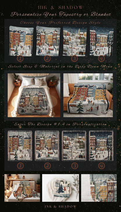 Boho Christmas Village Blanket | Cozy Christmas Blanket Woven Tapestry Scandinavian Folk Art Pastel Danish Decor Winter Home Decor Vintage |