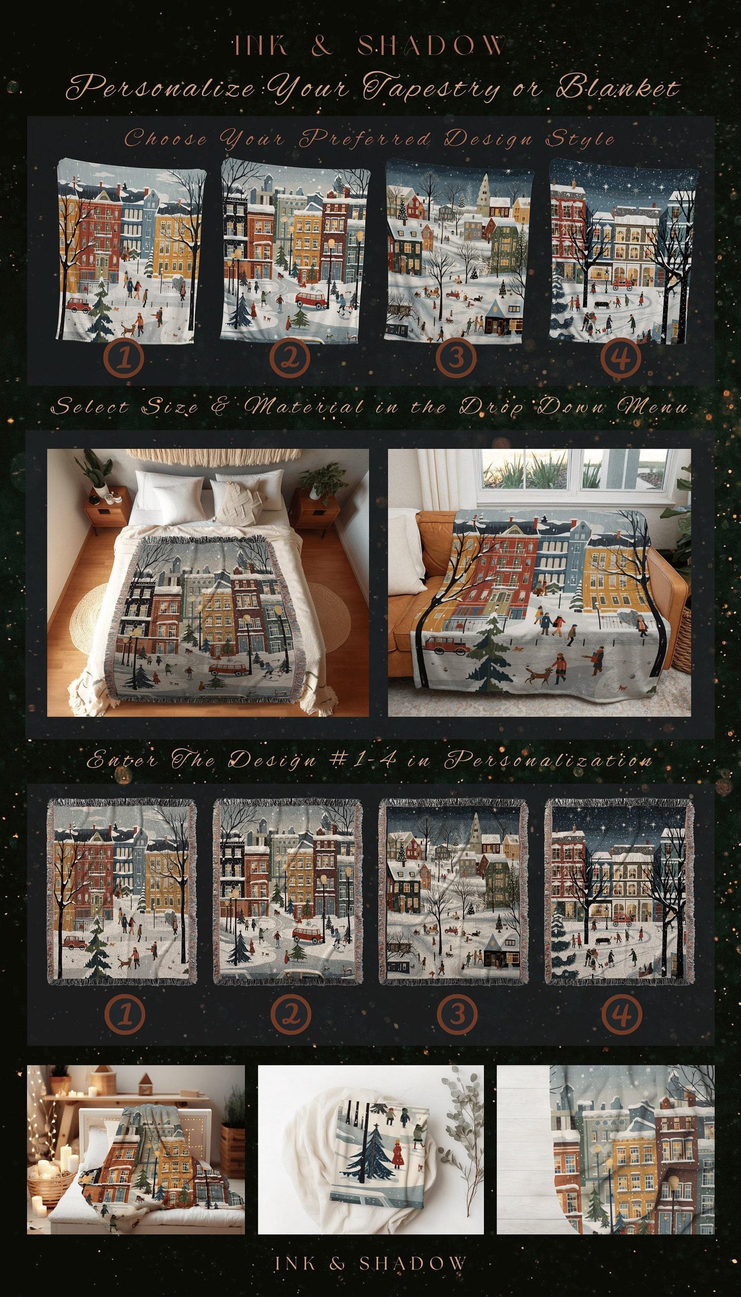 Boho Christmas Village Blanket | Cozy Christmas Blanket Woven Tapestry Scandinavian Folk Art Pastel Danish Decor Winter Home Decor Vintage |