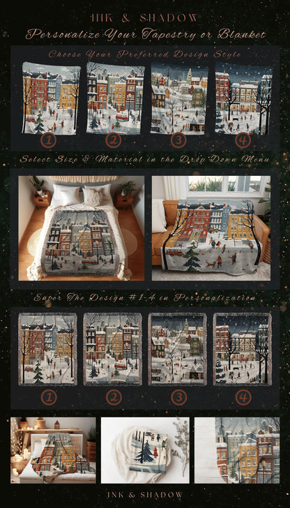 Boho Christmas Village Blanket | Cozy Christmas Blanket Woven Tapestry Scandinavian Folk Art Pastel Danish Decor Winter Home Decor Vintage |