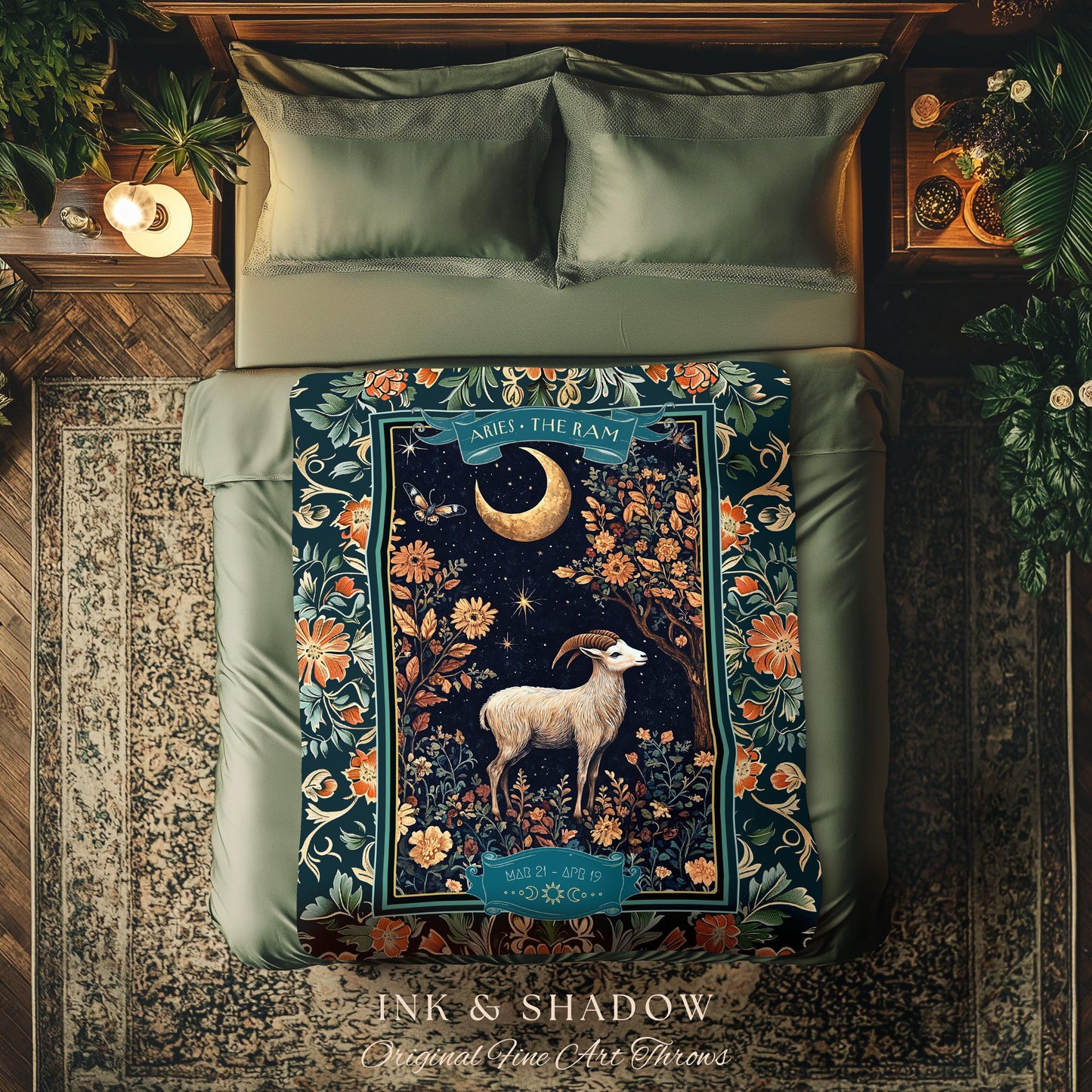 Whimsical Aries Zodiac Blanket Celestial Cottagecore Decor | The Ram Constellation Star Sign Tapestry Throw April Birth Month Astrology Art