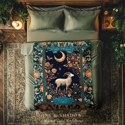 Whimsical Aries Zodiac Blanket Celestial Cottagecore Decor | The Ram Constellation Star Sign Tapestry Throw April Birth Month Astrology Art