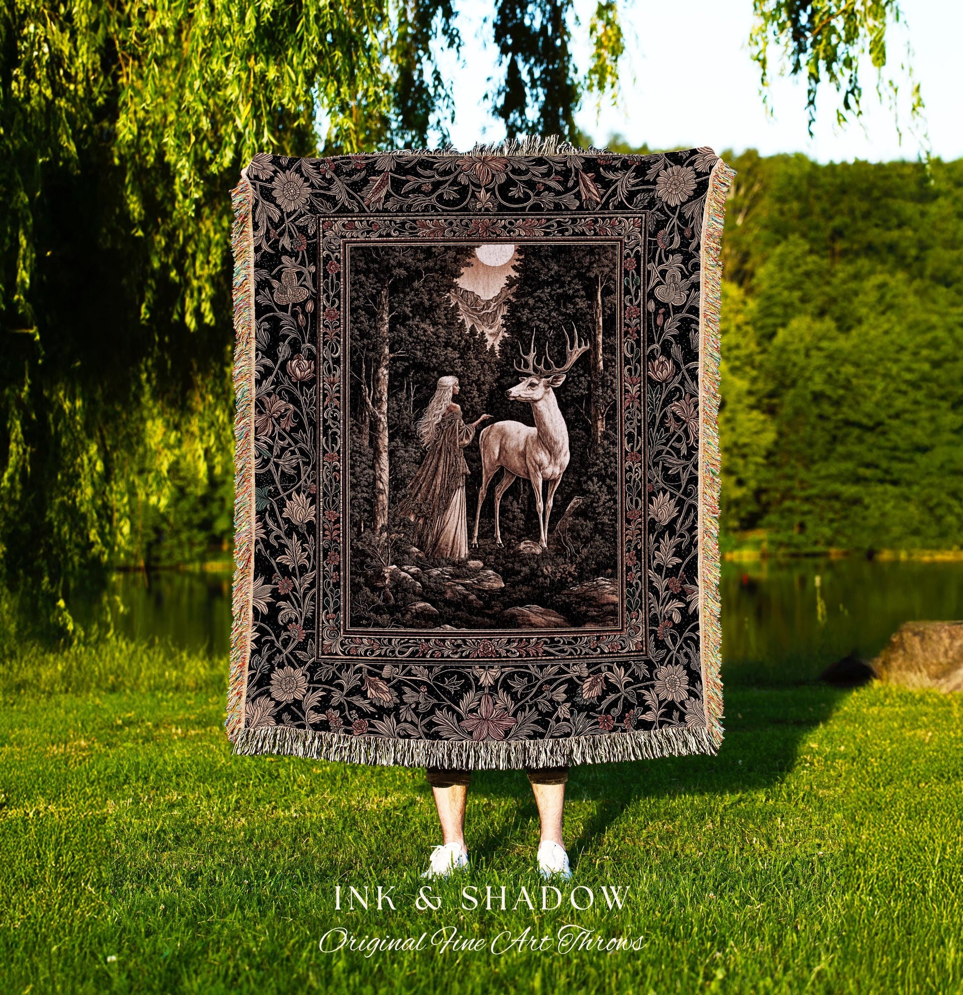 Gothic Woodland Fantasy Throw Blanket | Folklore inspired Nature Landscape Tapestry Fantasy Aesthetic Woven Wall Art Victorian Dark Academia