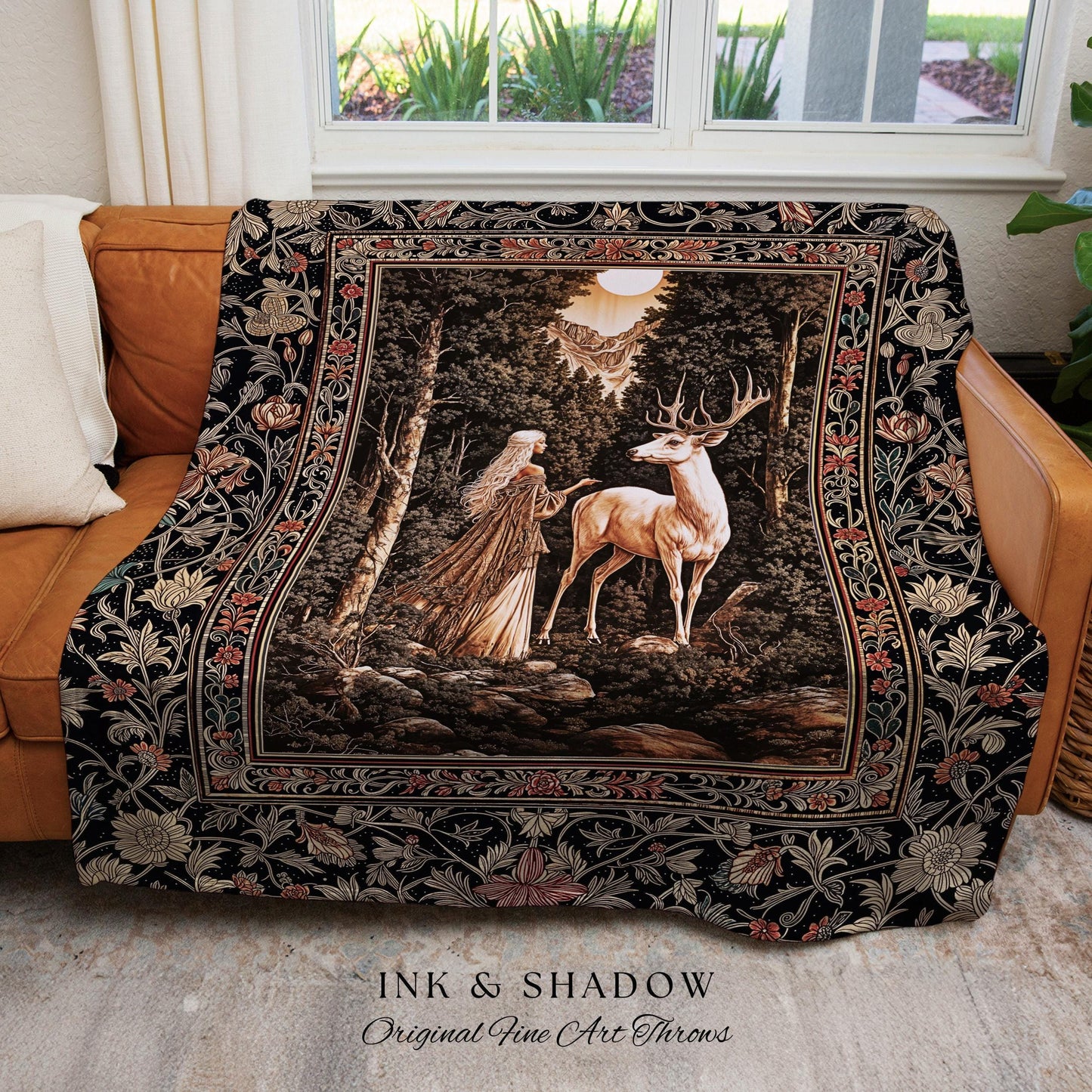 Gothic Woodland Fantasy Throw Blanket | Folklore inspired Nature Landscape Tapestry Fantasy Aesthetic Woven Wall Art Victorian Dark Academia