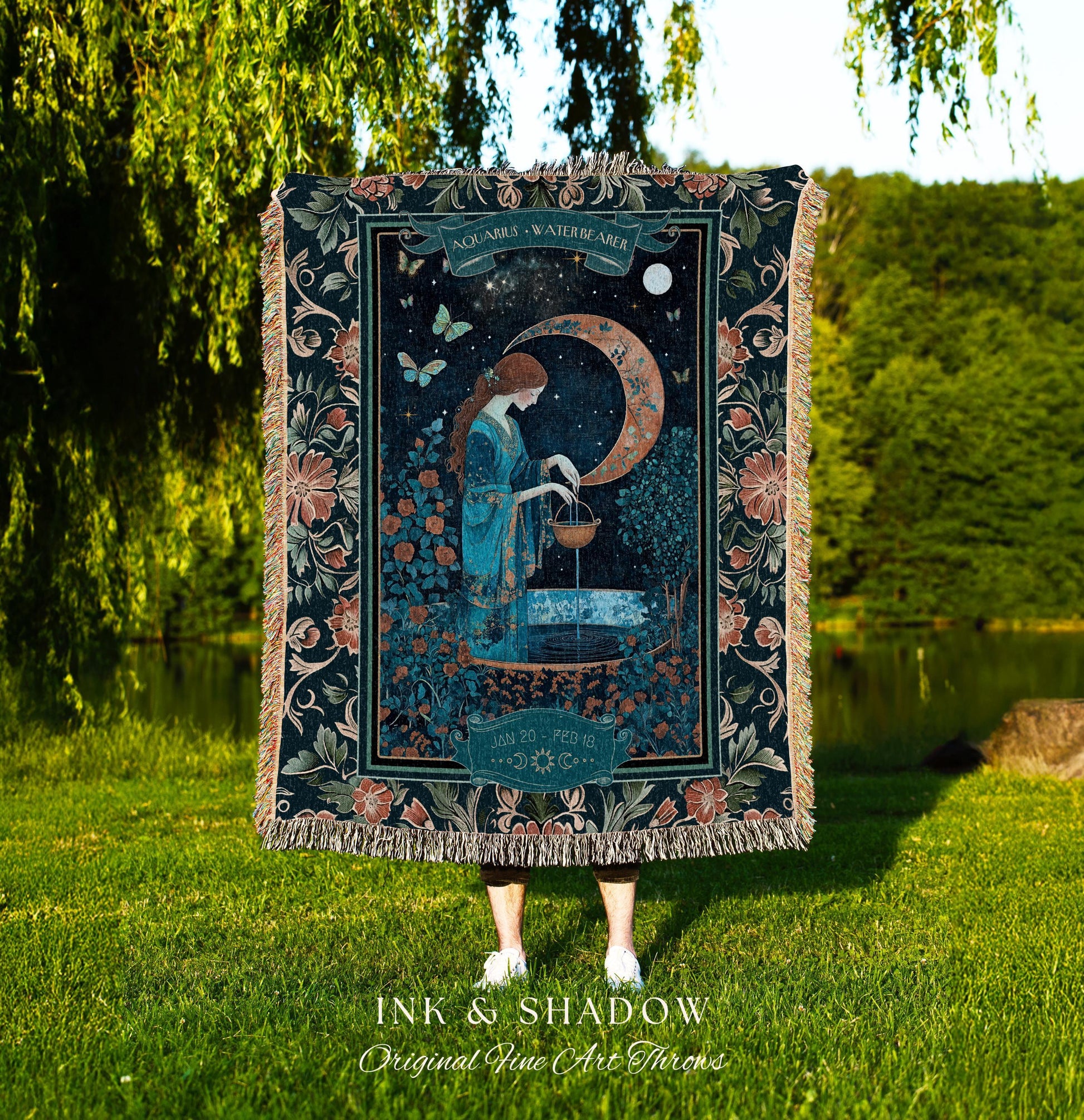 Dreamy Celestial Garden Aquarius Tapestry Throw Zodiac Sign Floral Fairycore Blanket | Whimsical Moonlit Astrology Art The Water Bearer Gift