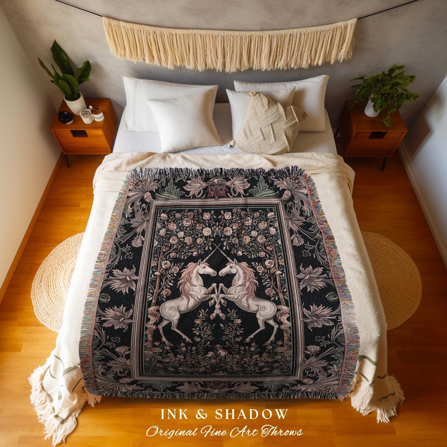 Floral Unicorn Tapestry | Ethereal Woodland Whimsy Blanket, Magic Cottagecore Throw