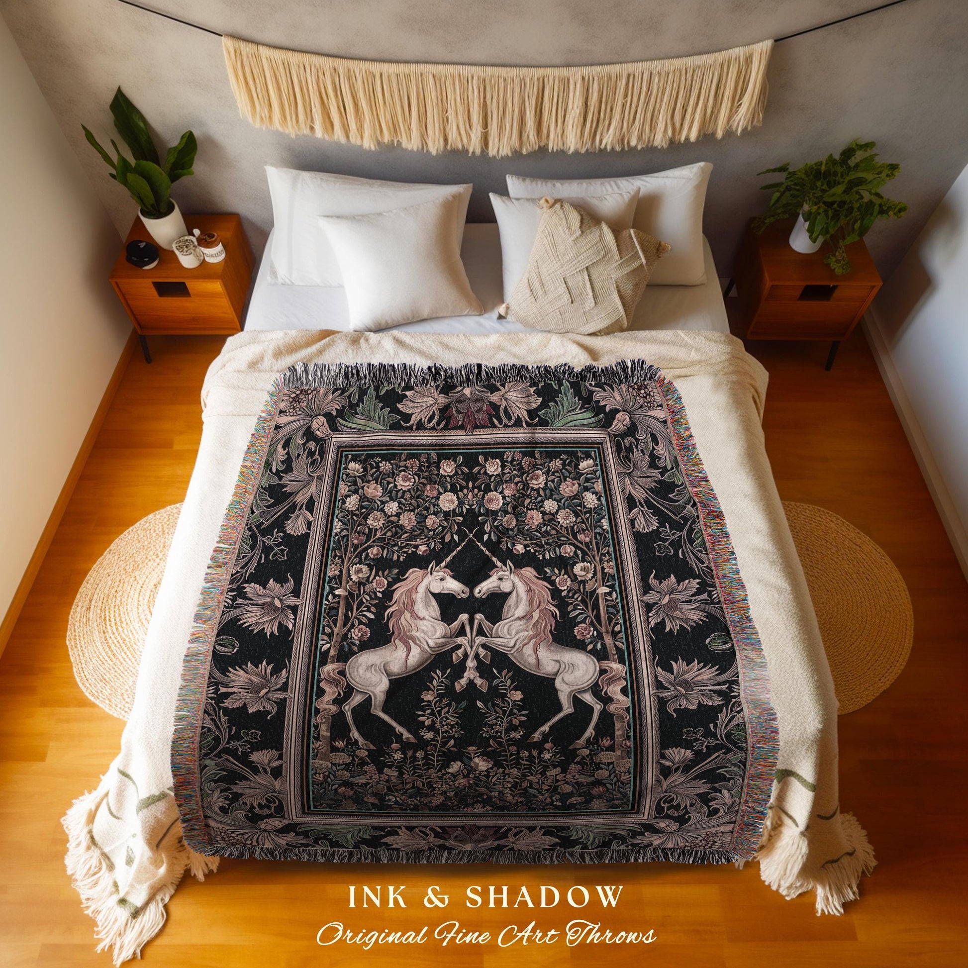 Floral Unicorn Tapestry | Ethereal Woodland Whimsy Blanket, Magic Cottagecore Throw