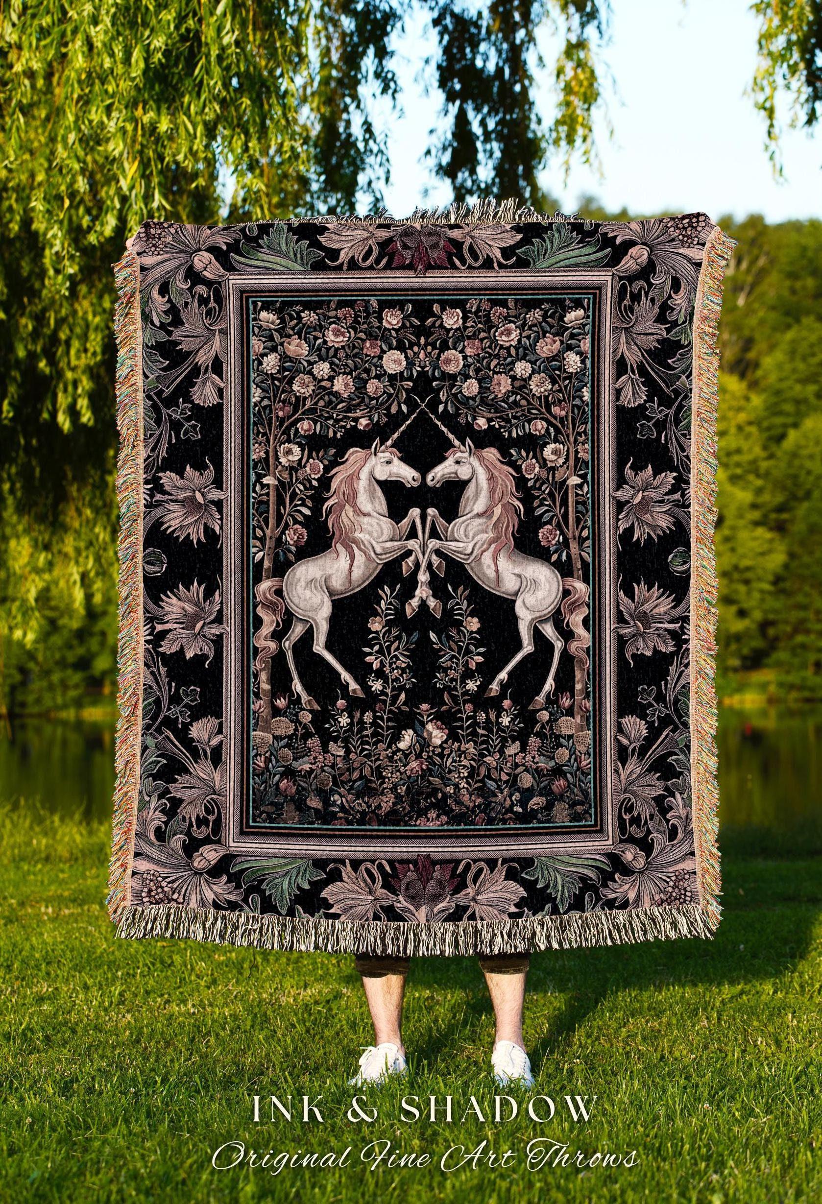 Floral Unicorn Tapestry | Ethereal Woodland Whimsy Blanket, Magic Cottagecore Throw