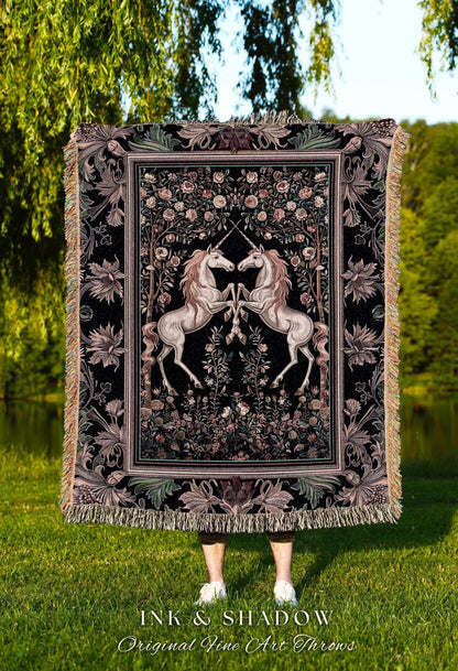 Floral Unicorn Tapestry | Ethereal Woodland Whimsy Blanket, Magic Cottagecore Throw