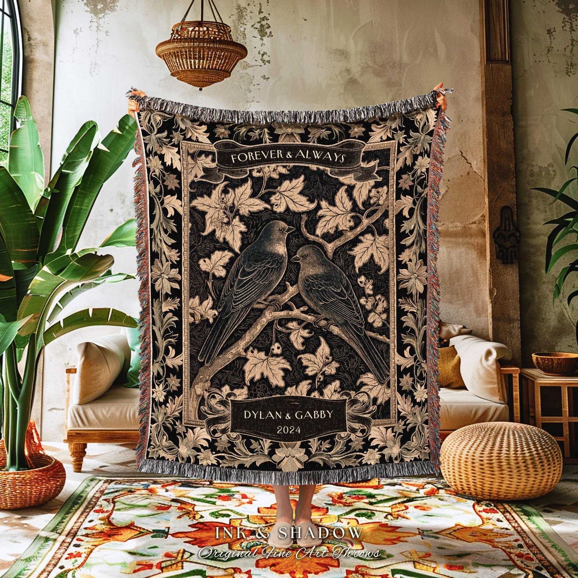 Love Birds Personalized Blanket for Couple | Dark Academia Aesthetic Custom Woven Throw Gothic Gift for Girlfriend 'Til Death do us Part' |