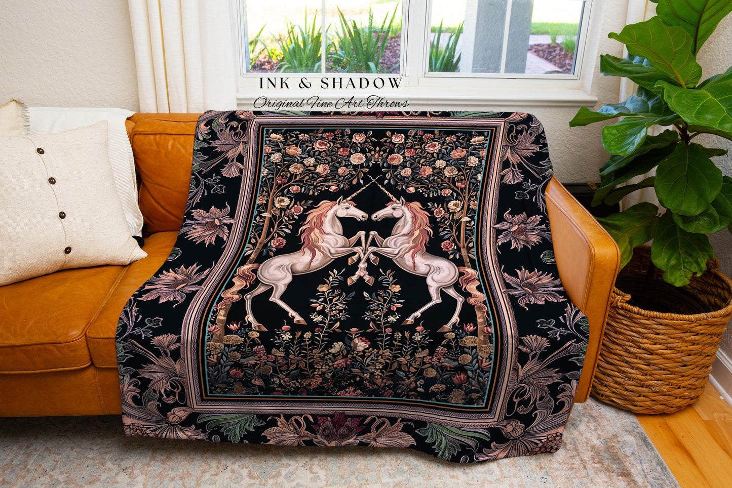 Floral Unicorn Tapestry | Ethereal Woodland Whimsy Blanket, Magic Cottagecore Throw