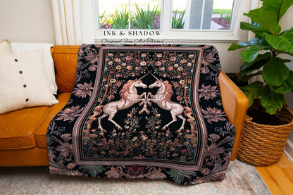 Floral Unicorn Tapestry | Ethereal Woodland Whimsy Blanket, Magic Cottagecore Throw