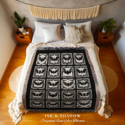 Black & White Witchy Bat Blanket | Spooky Aesthetic Retro Halloween Tapestry Dark Cottagegoth Wall Art Spooky Season Decor Bat Gift Cozy |