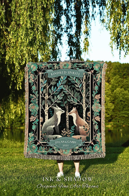 Teal Woodland Fox Couple Tapestry Custom | Folklore Wedding Gothic Fox Lover Gift Cute Anniversary Blanket Personalized Dating Gift for Her