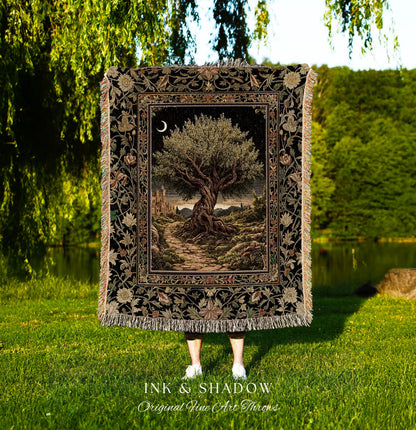 Rustic Castle Olive Tree Whimsical Throw Blanket Woven Cotton Wall Tapestry