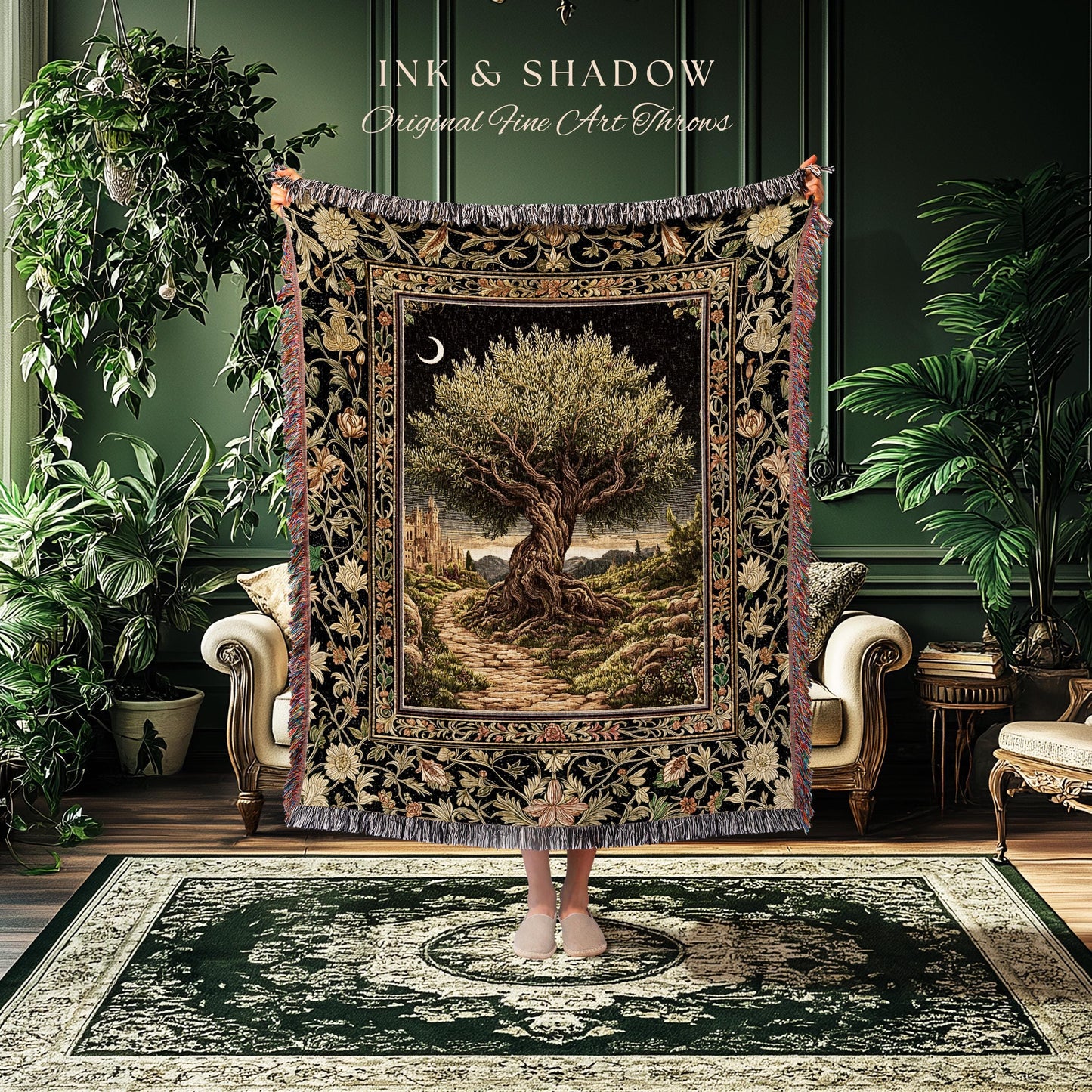 Rustic Castle Olive Tree Whimsical Throw Blanket Woven Cotton Wall Tapestry