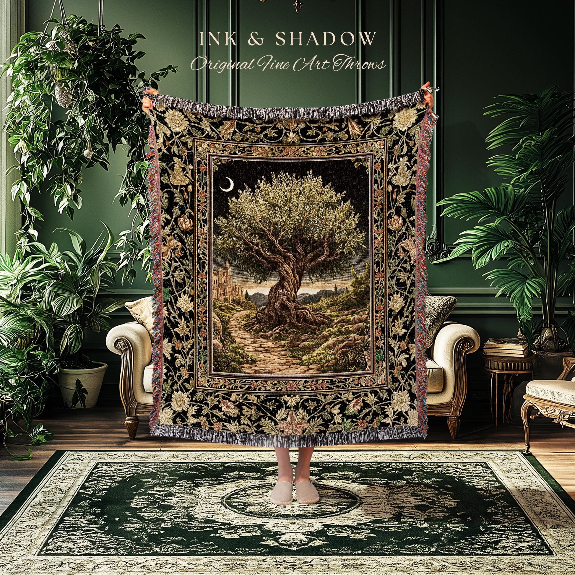 Rustic Castle Olive Tree Whimsical Throw Blanket Woven Cotton Wall Tapestry