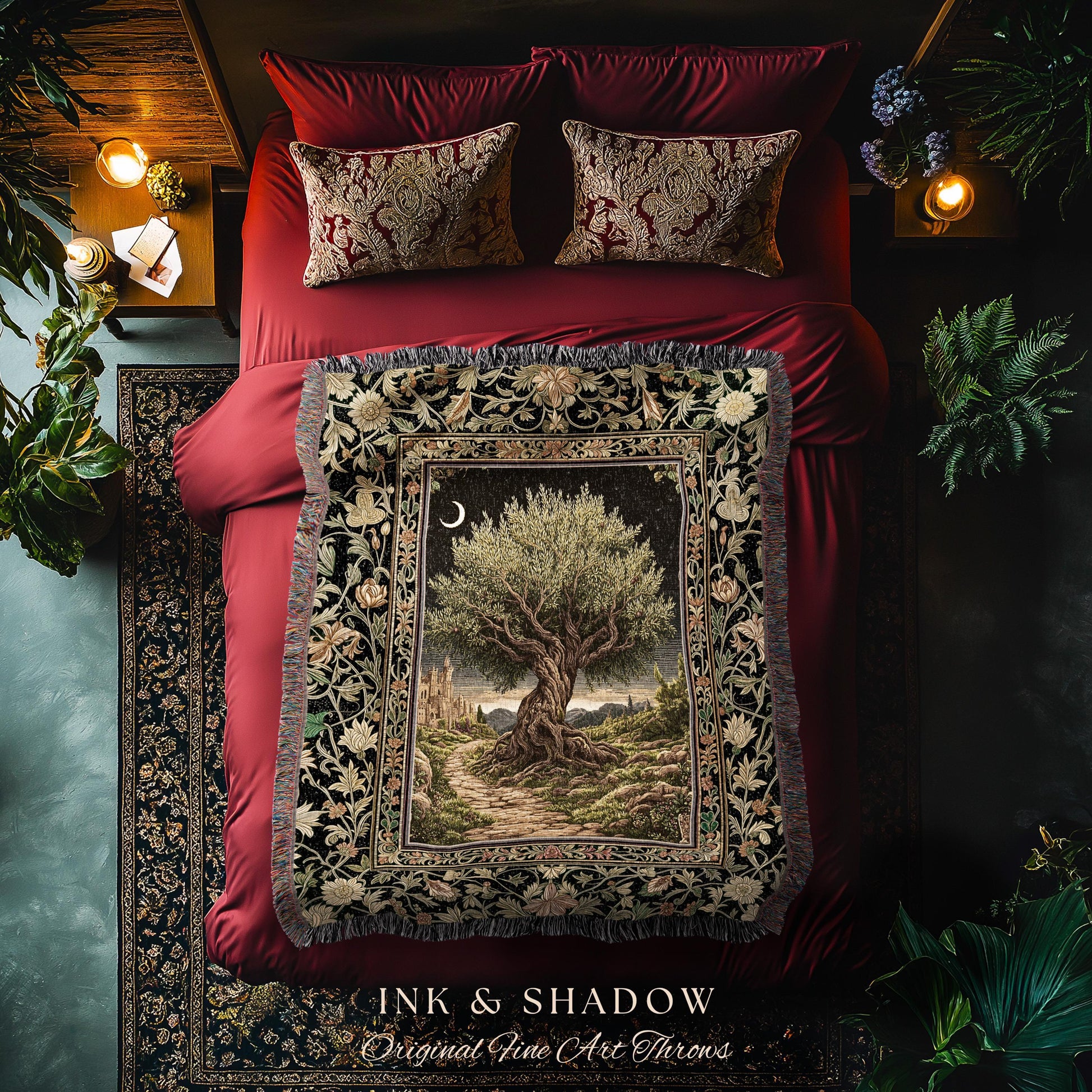 Rustic Castle Olive Tree Whimsical Throw Blanket Woven Cotton Wall Tapestry