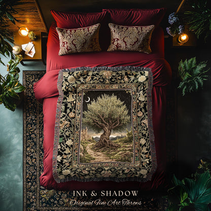 Rustic Castle Olive Tree Whimsical Throw Blanket Woven Cotton Wall Tapestry
