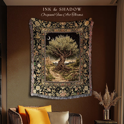 Rustic Castle Olive Tree Whimsical Throw Blanket Woven Cotton Wall Tapestry