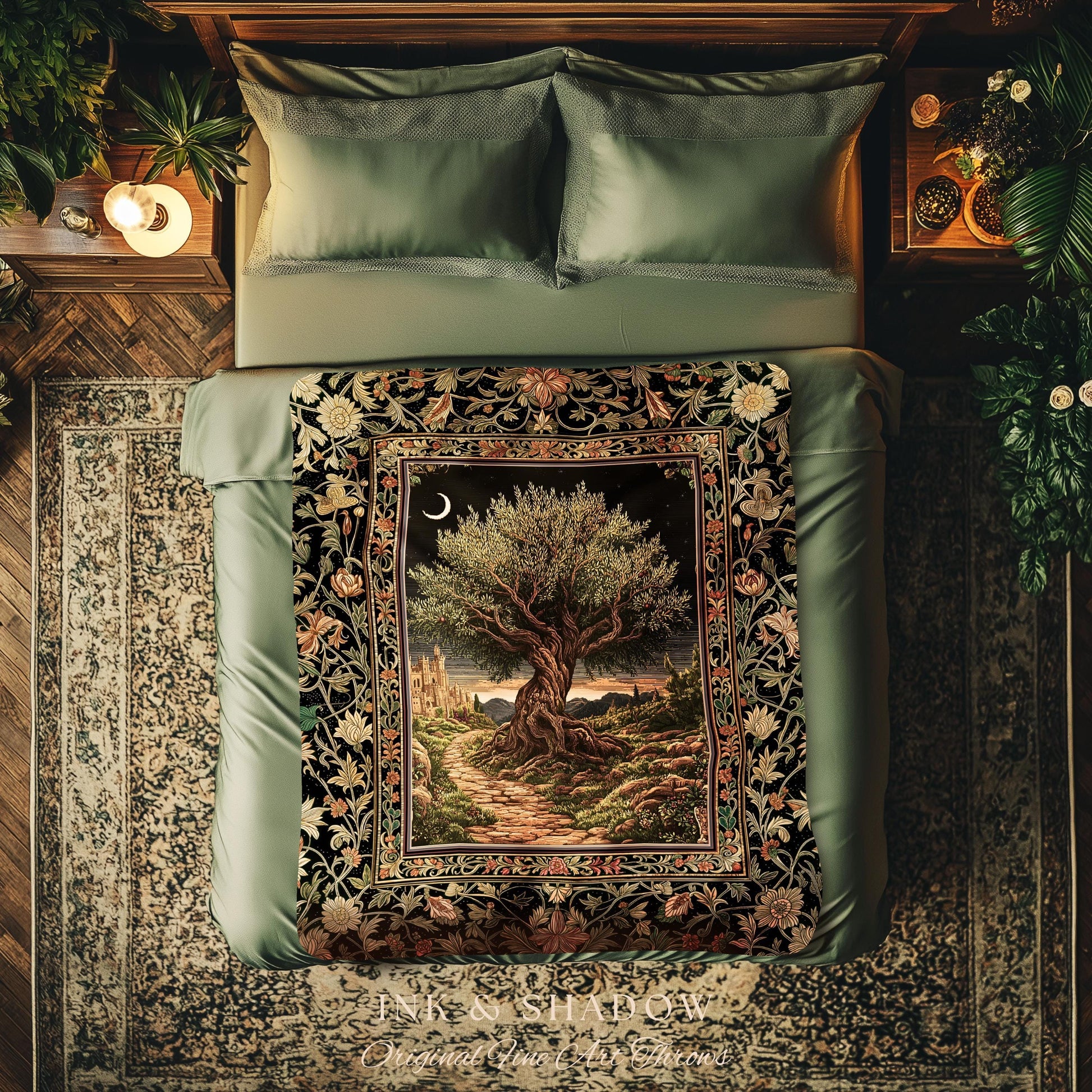 Rustic Castle Olive Tree Whimsical Throw Blanket Woven Cotton Wall Tapestry
