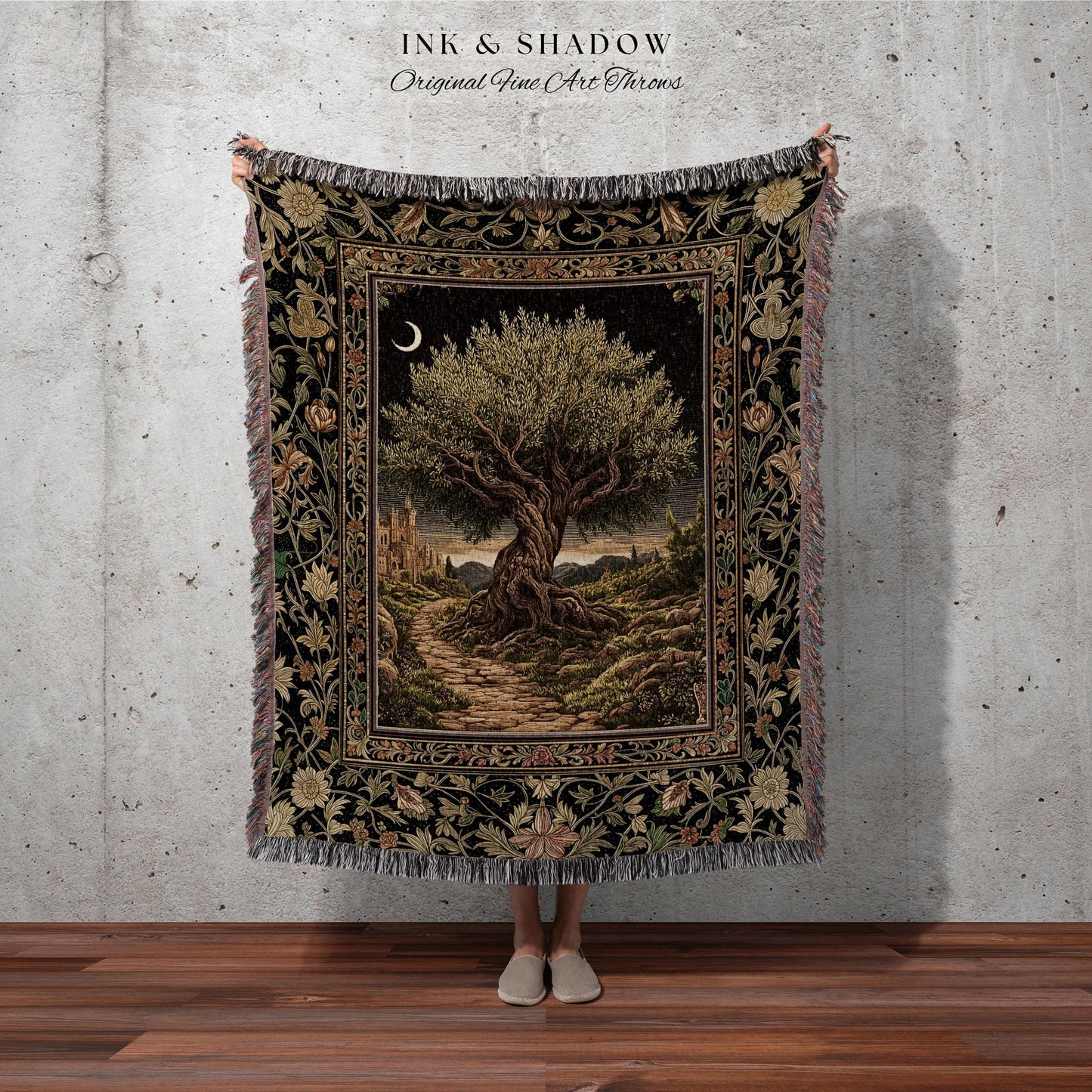 Rustic Castle Olive Tree Whimsical Throw Blanket Woven Cotton Wall Tapestry