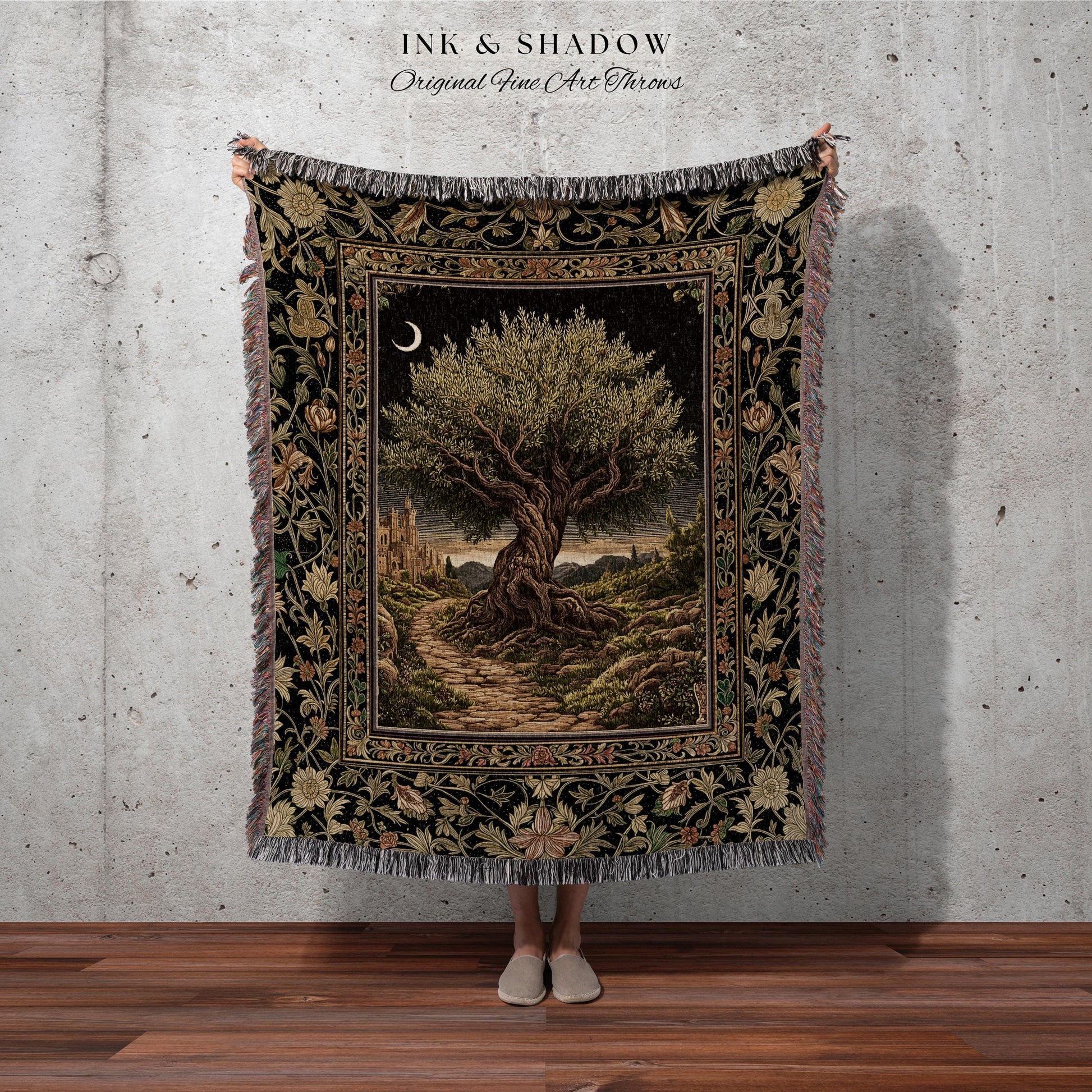 Rustic Castle Olive Tree Whimsical Throw Blanket Woven Cotton Wall Tapestry