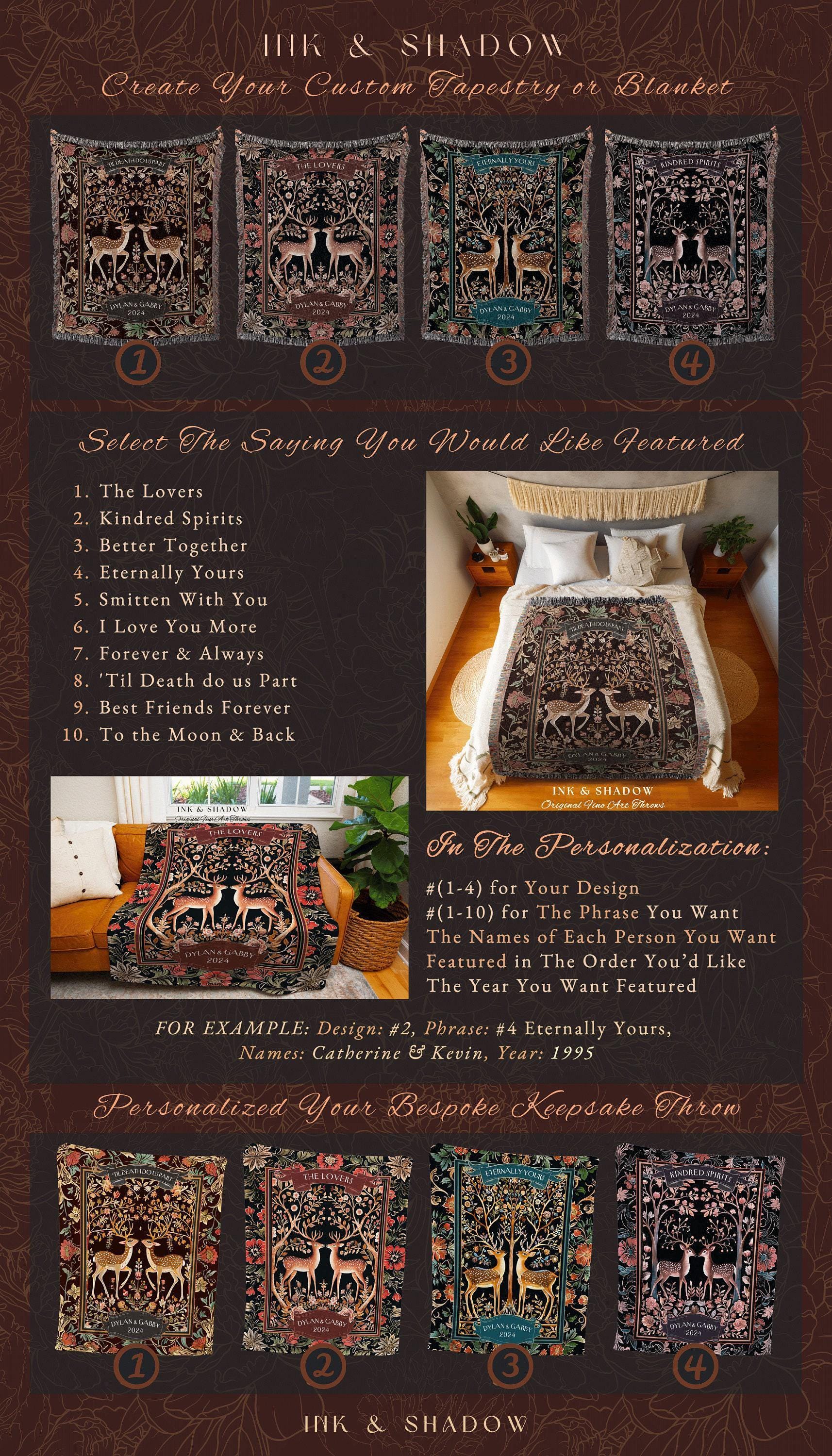 Folklore Forest Deer Lovers Whimsical Wedding Woven Throw Blanket | Personalize Anniversary Keepsake Gift Dark Cottagecore Floral Decor