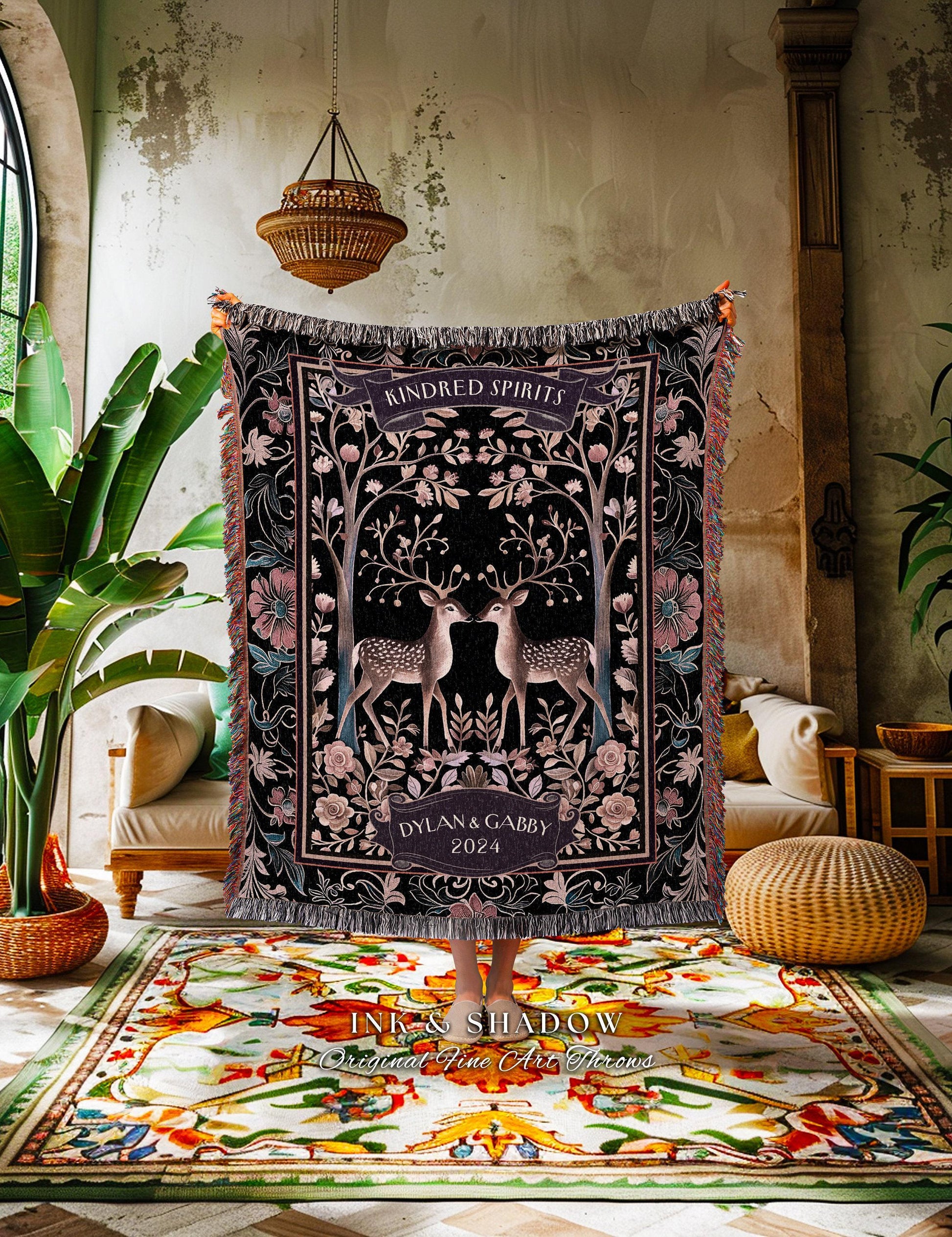 Folklore Forest Deer Lovers Whimsical Wedding Woven Throw Blanket | Personalize Anniversary Keepsake Gift Dark Cottagecore Floral Decor