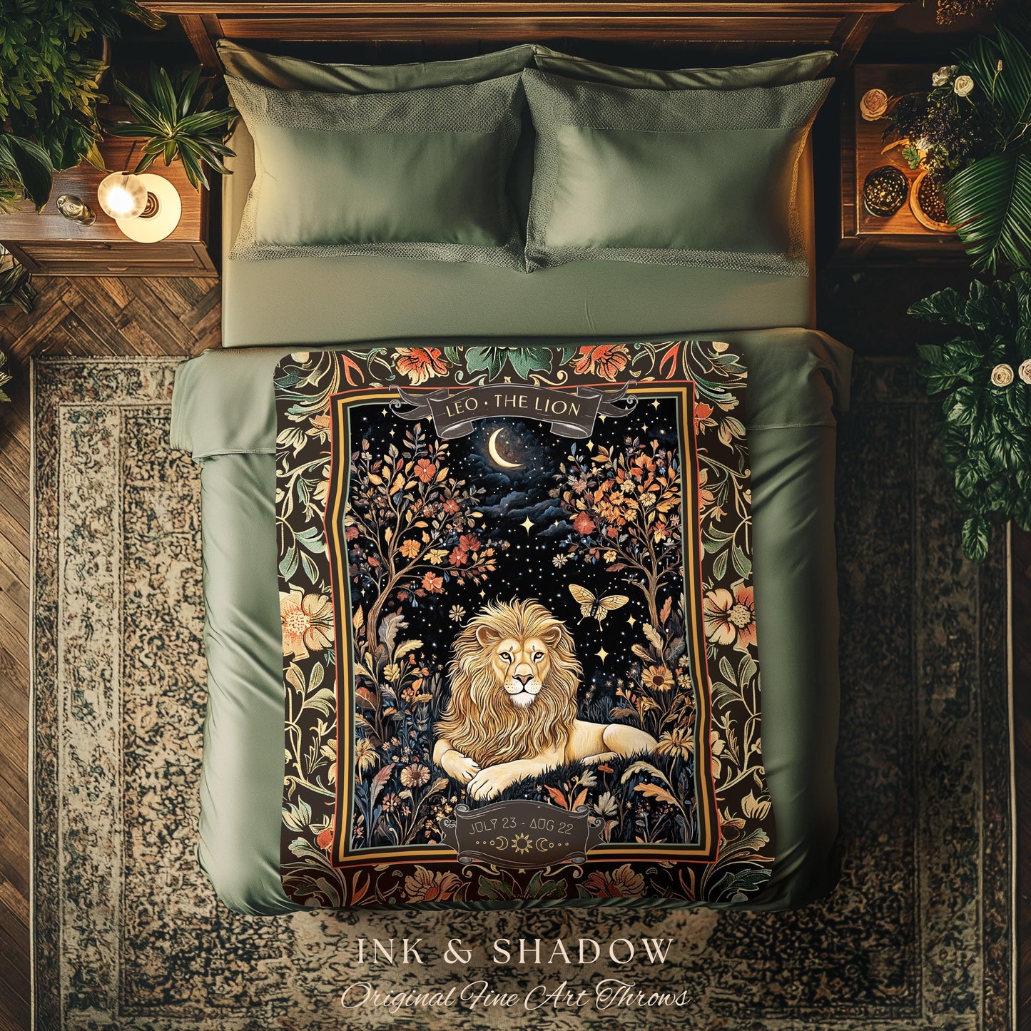 May include: A throw blanket with a dark green background and a tapestry design. The center of the blanket features a lion with a golden mane and a crescent moon. The text 'LEO - THE LION' is above the lion. The text 'JULY 23 - AUG 22' is below the lion. The text 'INK & SHADOW Original Fine Art Throws' is at the bottom of the blanket.