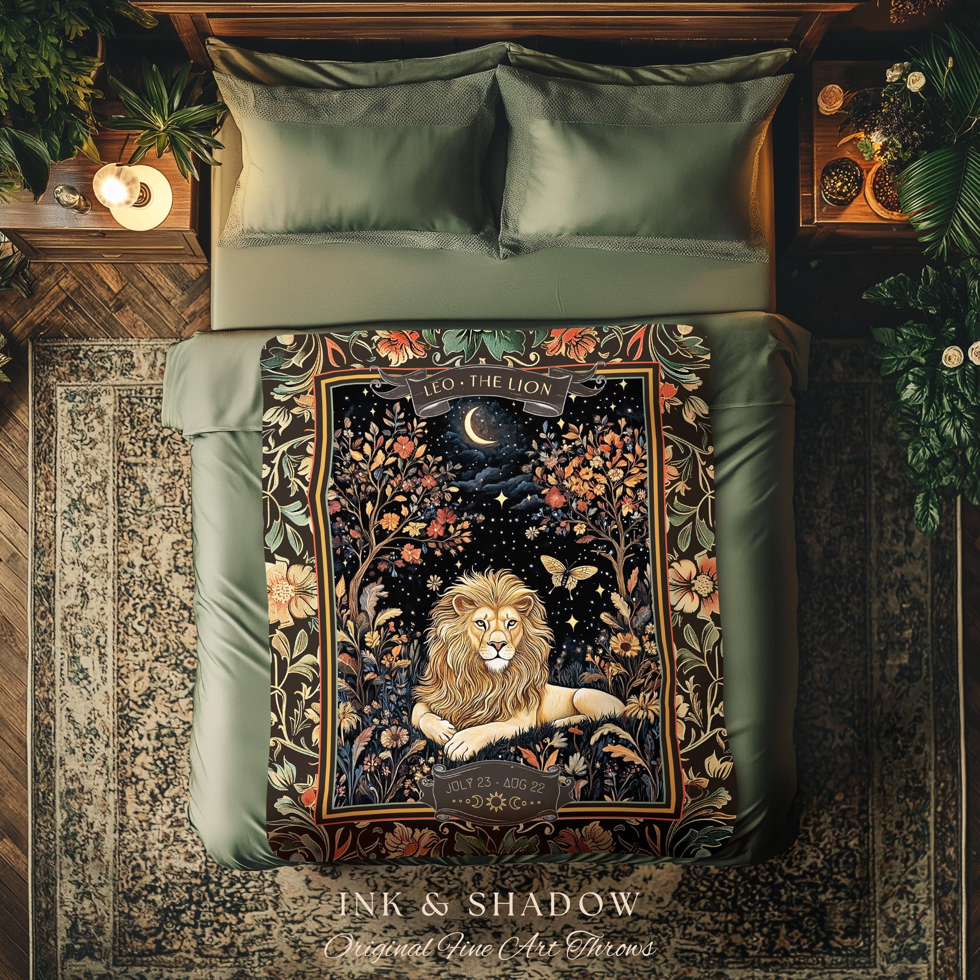 May include: A throw blanket with a dark green background and a tapestry design. The center of the blanket features a lion with a golden mane and a crescent moon. The text 'LEO - THE LION' is above the lion. The text 'JULY 23 - AUG 22' is below the lion. The text 'INK & SHADOW Original Fine Art Throws' is at the bottom of the blanket.