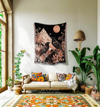 Mountain Moonlit Crow Celestial Gothic Enchantment Blanket , Whimsical Woodland Forestcore Raven Tapestry Vintage Peach Cottagegoth Crowcore