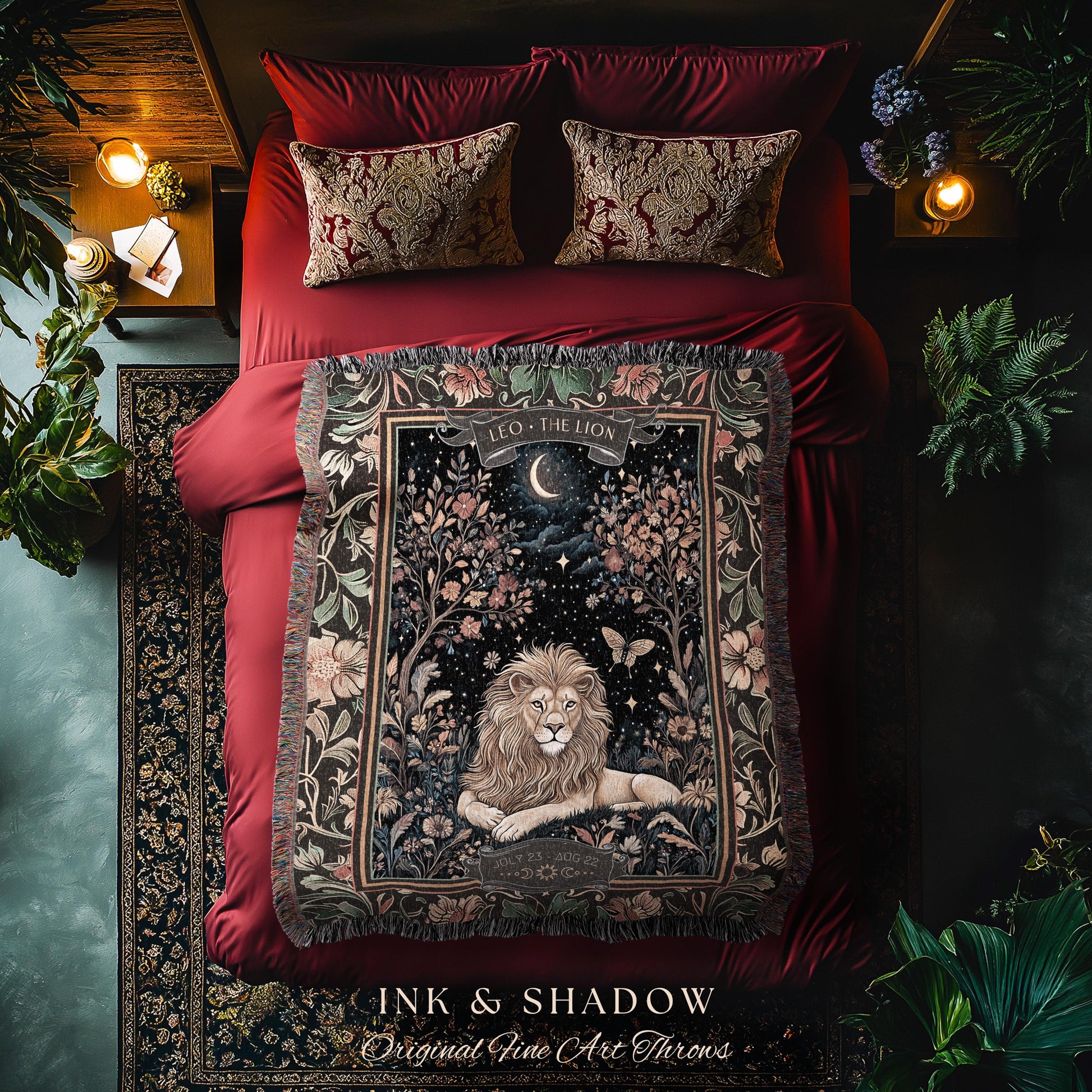 Ancient Garden Leo Astrology Blanket Mystical Forestcore Zodiac Decor | The Lion Woodland Goblincore Vintage Constellation Birth Month Gift