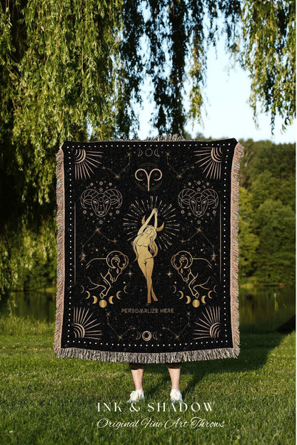 Aries Blanket Personalized | Astrology Tapestry Custom Star Sign Goth Woven Blanket Fairy Core Room Decor Zodiac Sign Wall Art Celestial Art