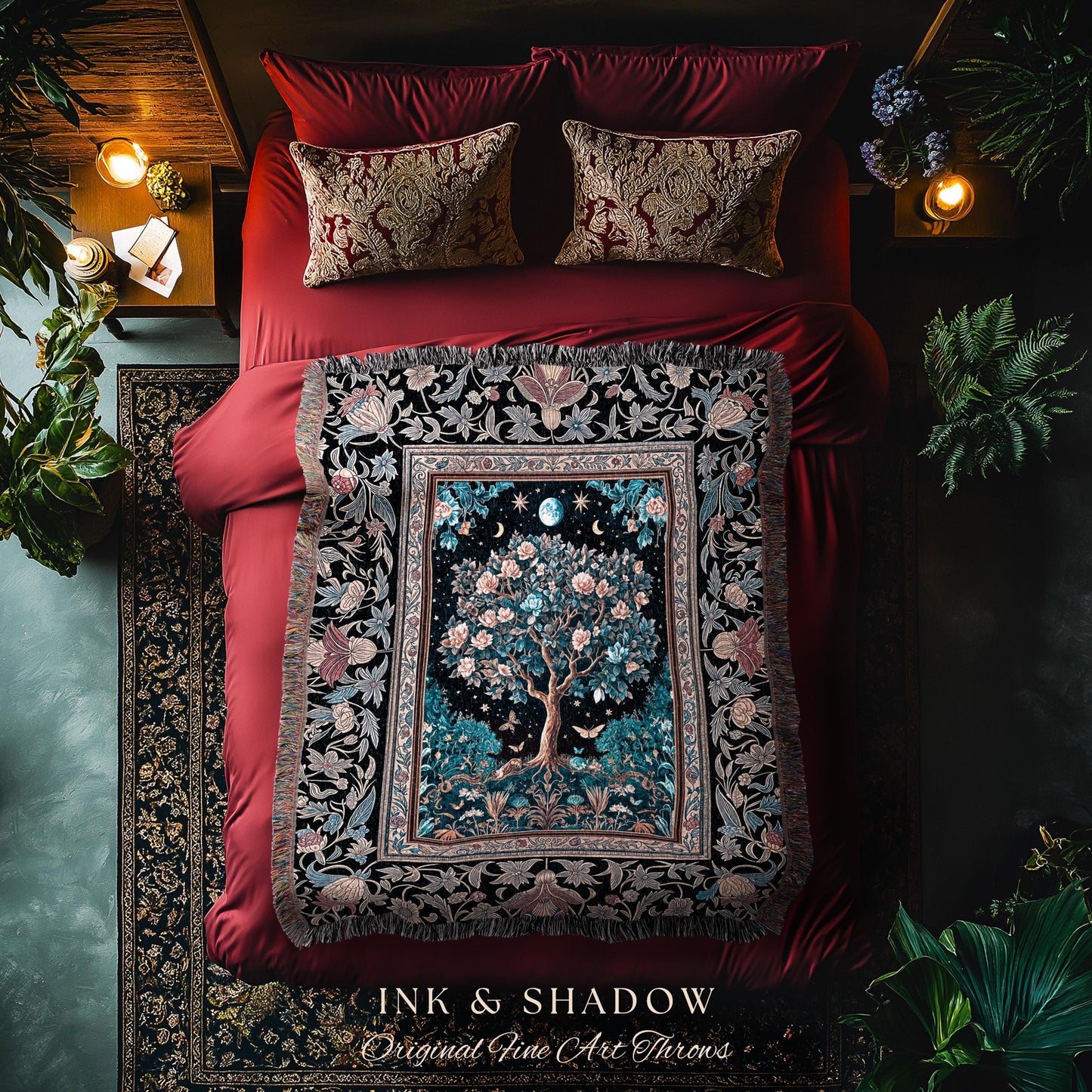 Enchanted Moonlit Tree of Life Woven Throw Blanket Jacquard Tapestry