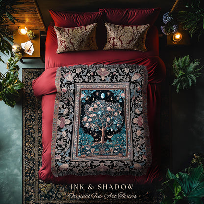 Enchanted Moonlit Tree of Life Woven Throw Blanket Jacquard Tapestry
