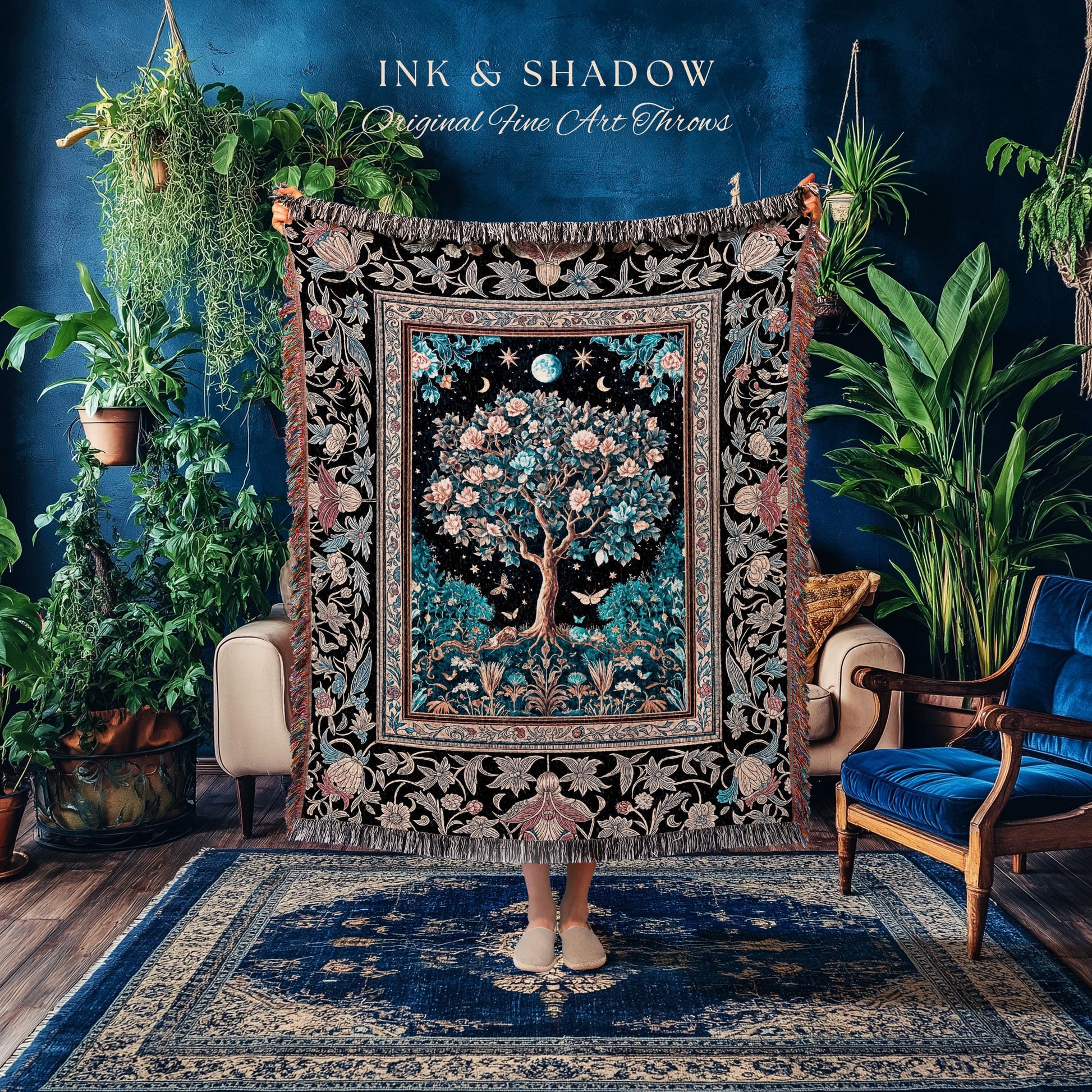 Enchanted Moonlit Tree of Life Woven Throw Blanket Jacquard Tapestry