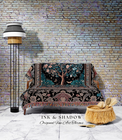 Enchanted Moonlit Tree of Life Woven Throw Blanket Jacquard Tapestry