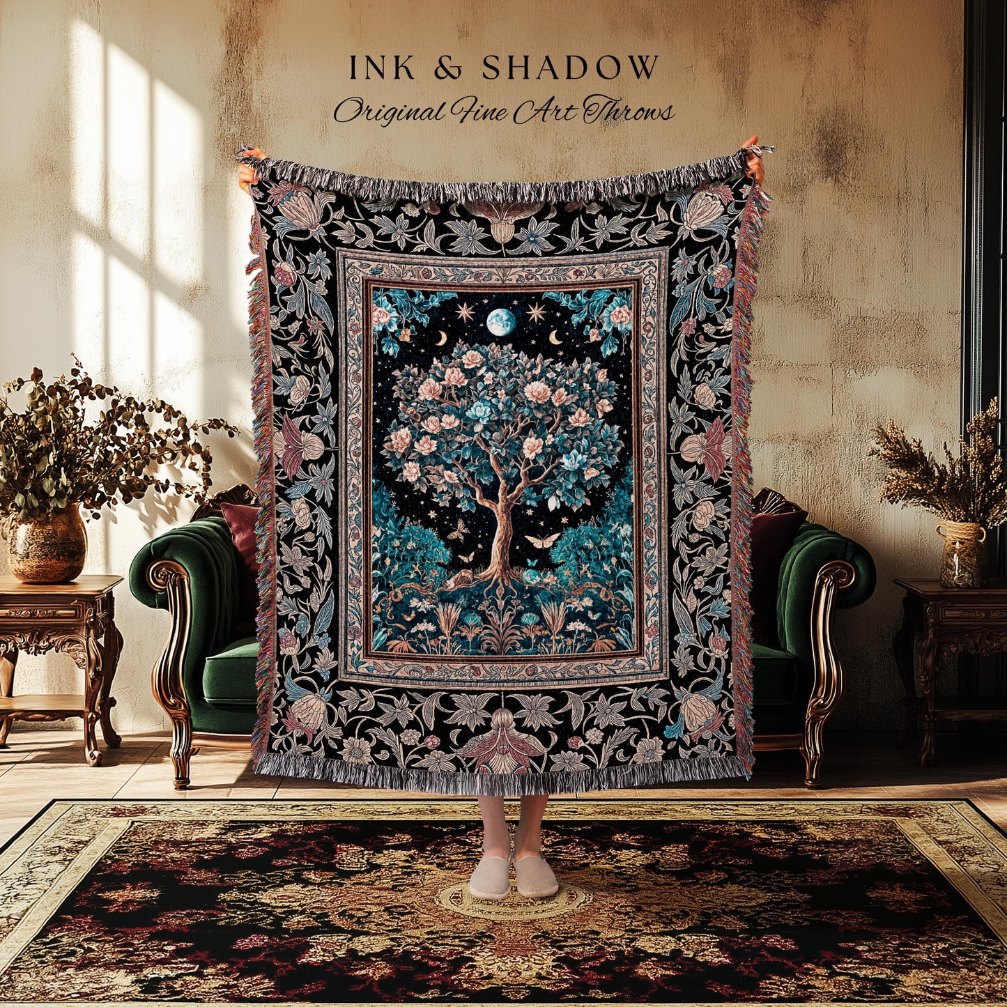 Enchanted Moonlit Tree of Life Woven Throw Blanket Jacquard Tapestry